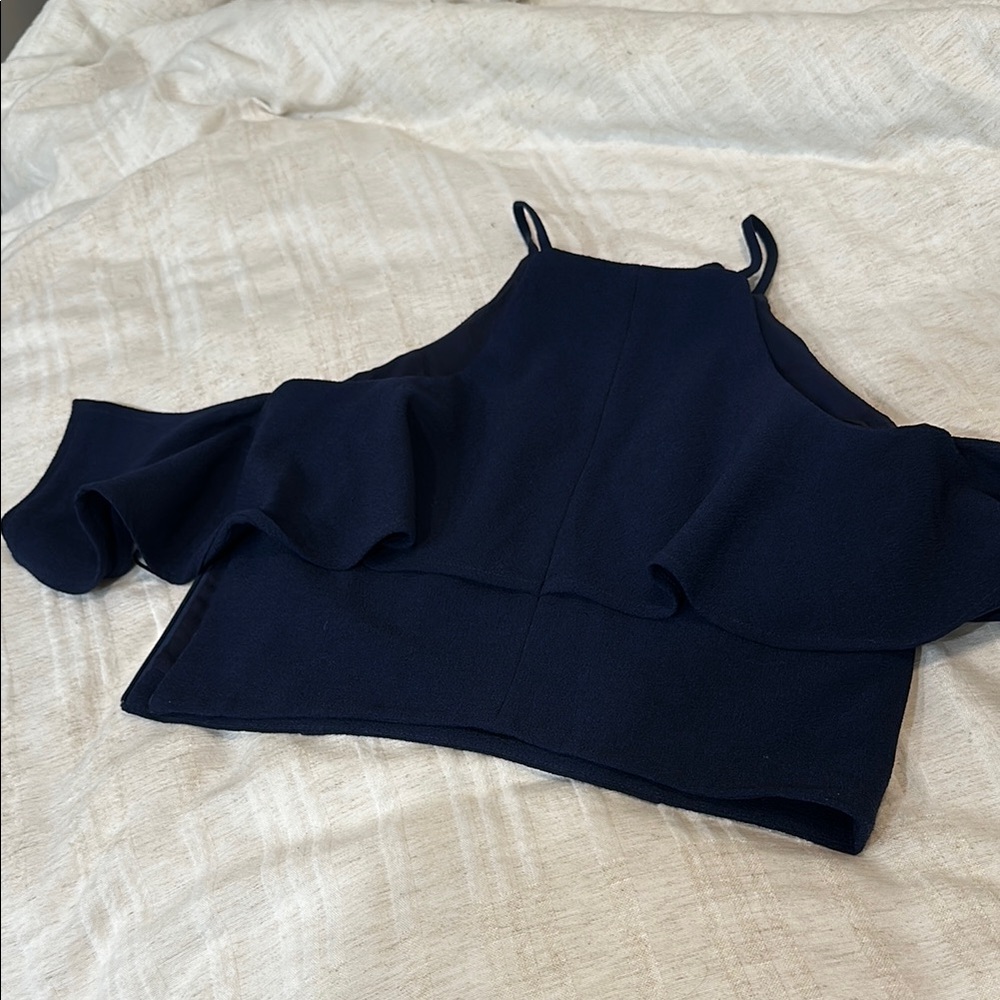 J.O.A. Navy Cold Shoulder Ruffle Top - Picture 4 of 5